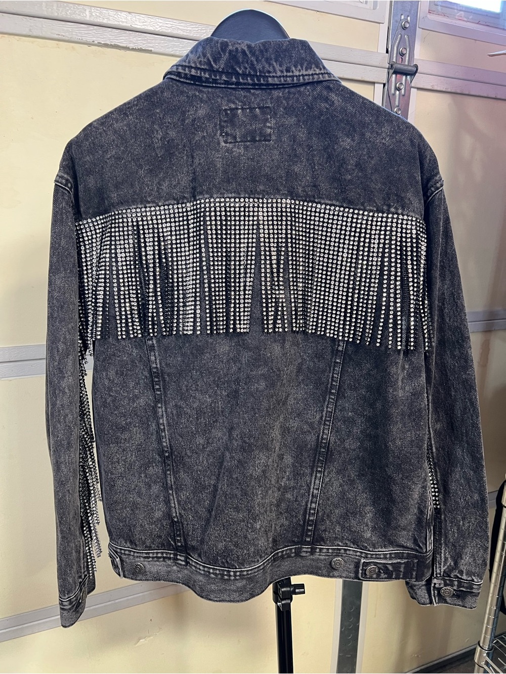Women’s Black Washed Denim Jacket with Crystal Fringe